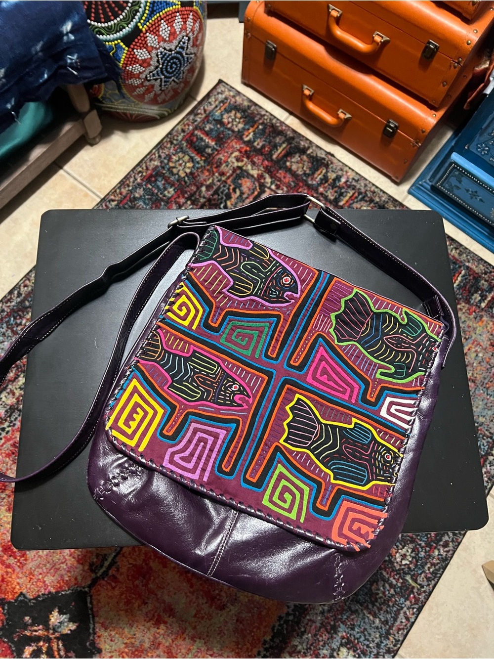 Purple Leather Crossbody Bag with Multicolor Geometric Embroidery